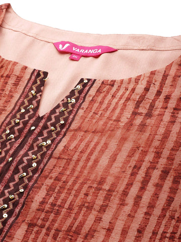 Varanga Women Plus Size Peach Printed Round Neck With Slit, Three Quarter Sleeves Straight Kurta Paired With Contrast Bottom And Dupatta